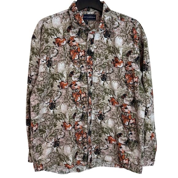 Bit & Bridle Mens Long Sleeve Camo Deer Buck Print Hunting Button Shirt SZ L - Picture 1 of 6